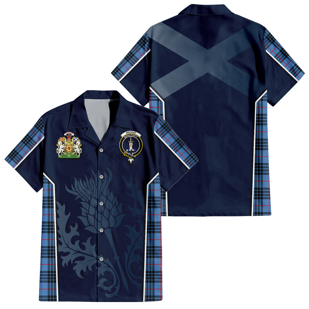 Tartan Vibes Clothing MacKay Blue Tartan Short Sleeve Button Up Shirt with Family Crest and Scottish Thistle Vibes Sport Style