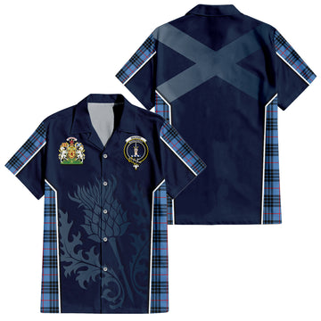 MacKay Blue Tartan Short Sleeve Button Up Shirt with Family Crest and Scottish Thistle Vibes Sport Style