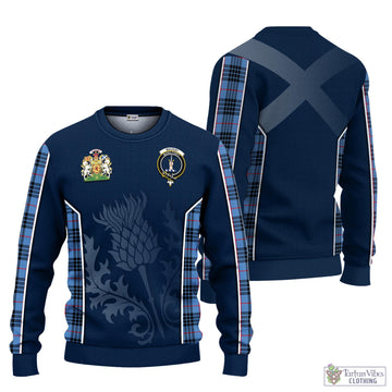 MacKay Blue Tartan Knitted Sweatshirt with Family Crest and Scottish Thistle Vibes Sport Style