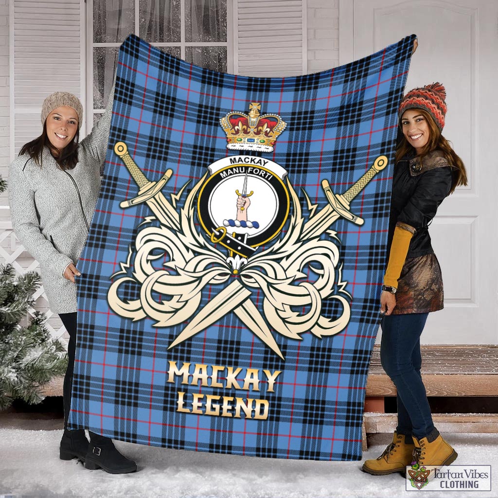 Tartan Vibes Clothing MacKay Blue Tartan Blanket with Clan Crest and the Golden Sword of Courageous Legacy