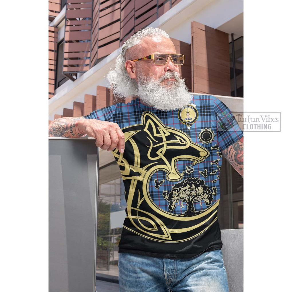 Tartan Vibes Clothing MacKay Blue Tartan Cotton T-shirt with Family Crest Celtic Wolf Style