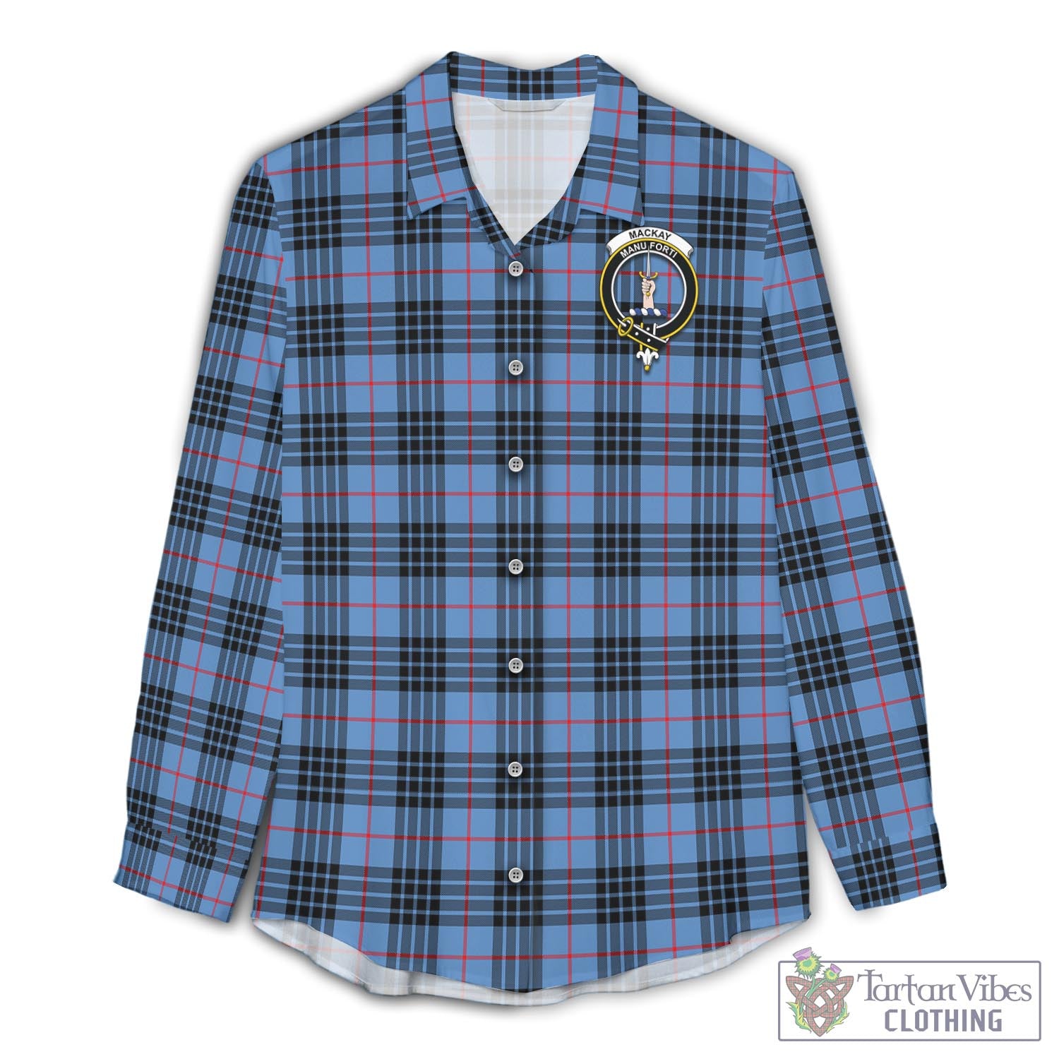 Tartan Vibes Clothing MacKay Blue Tartan Womens Casual Shirt with Family Crest