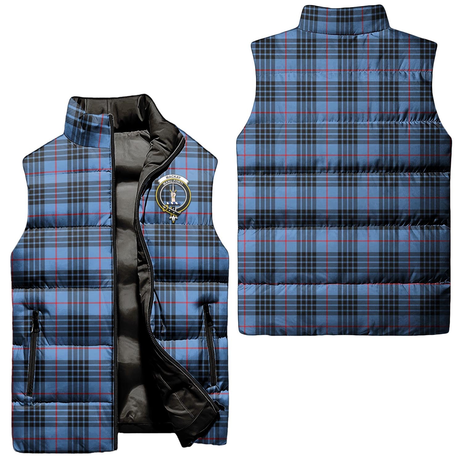 MacKay Blue Tartan Sleeveless Puffer Jacket with Family Crest Unisex - Tartanvibesclothing