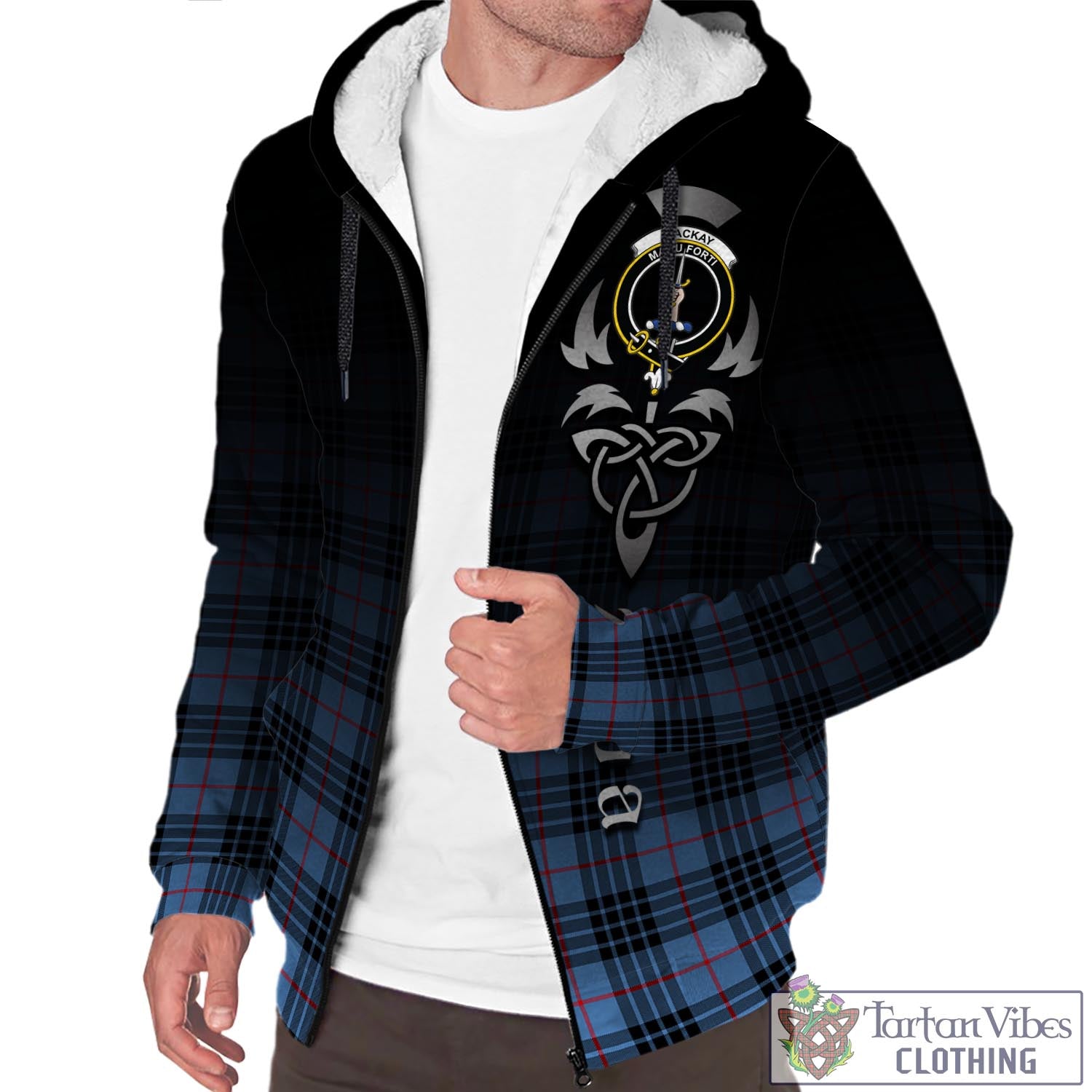 Tartan Vibes Clothing MacKay Blue Tartan Sherpa Hoodie Featuring Alba Gu Brath Family Crest Celtic Inspired