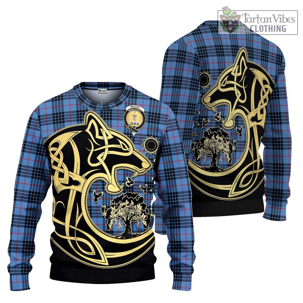 MacKay Blue Tartan Knitted Sweater with Family Crest Celtic Wolf Style Unisex - Tartan Vibes Clothing