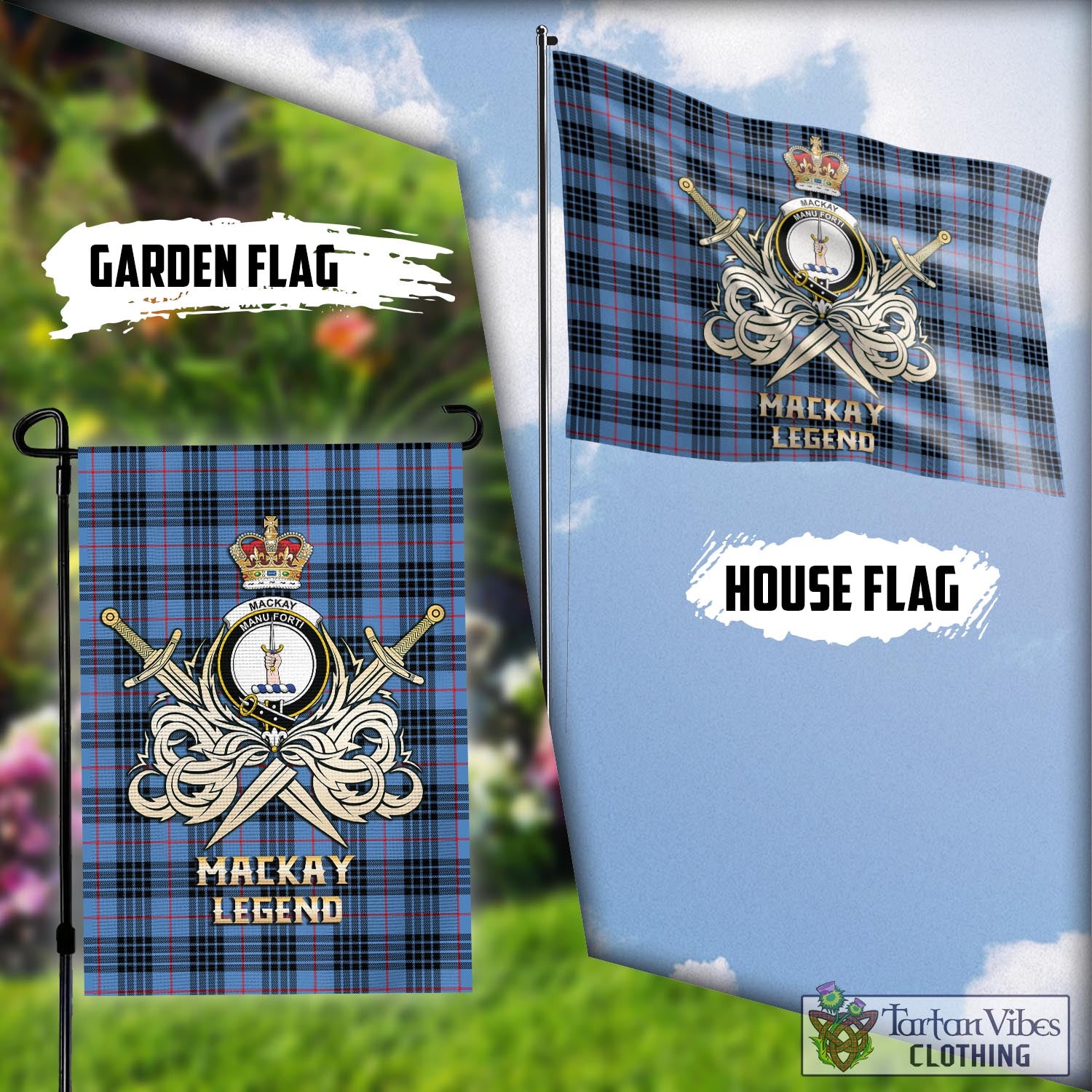 Tartan Vibes Clothing MacKay Blue Tartan Flag with Clan Crest and the Golden Sword of Courageous Legacy