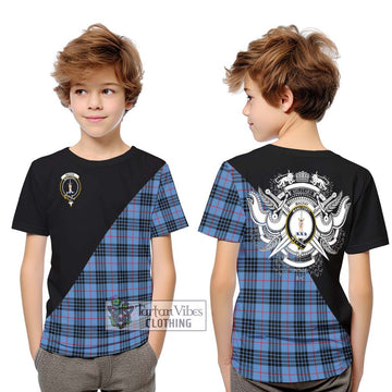 MacKay Blue Tartan Kid T-Shirt with Family Crest and Military Logo Style