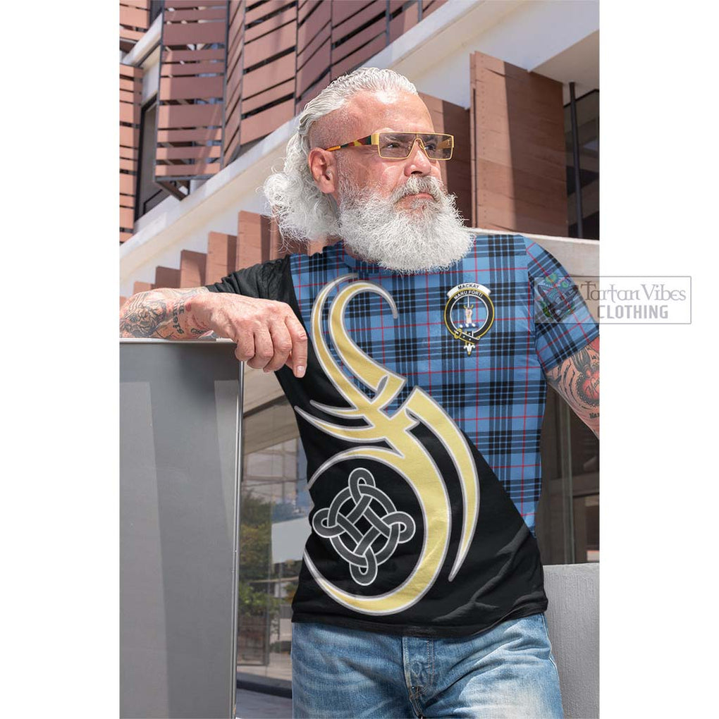 Tartan Vibes Clothing MacKay Blue Tartan Cotton T-shirt with Family Crest and Celtic Symbol Style