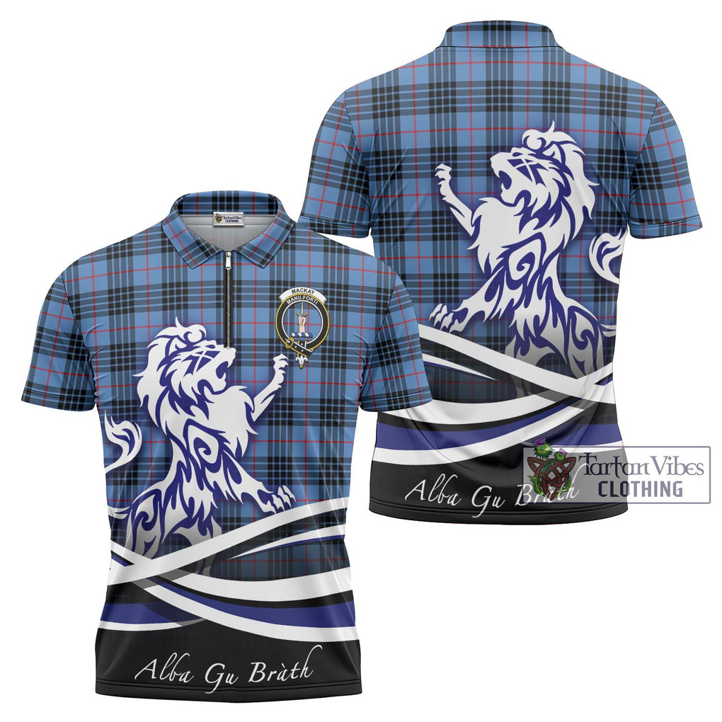 MacKay Blue Tartan Zipper Polo Shirt with Alba Gu Brath Regal Lion Emblem Unisex - Tartanvibesclothing Shop