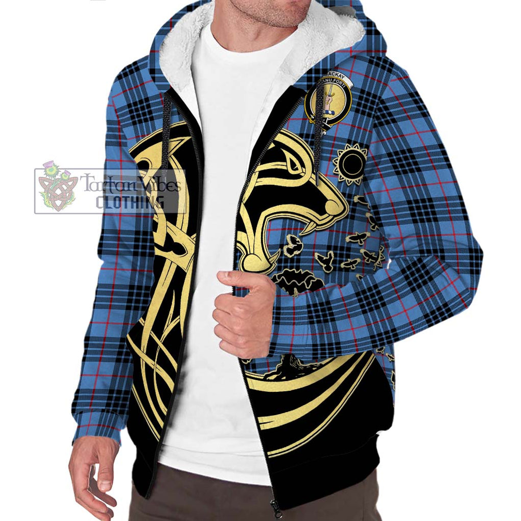 MacKay Blue Tartan Sherpa Hoodie with Family Crest Celtic Wolf Style Unisex S - Tartan Vibes Clothing