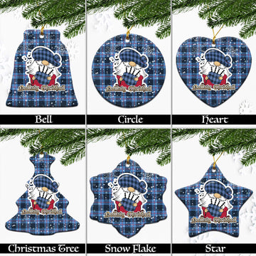 MacKay Blue Tartan Christmas Ceramic Ornaments with Scottish Gnome Playing Bagpipes