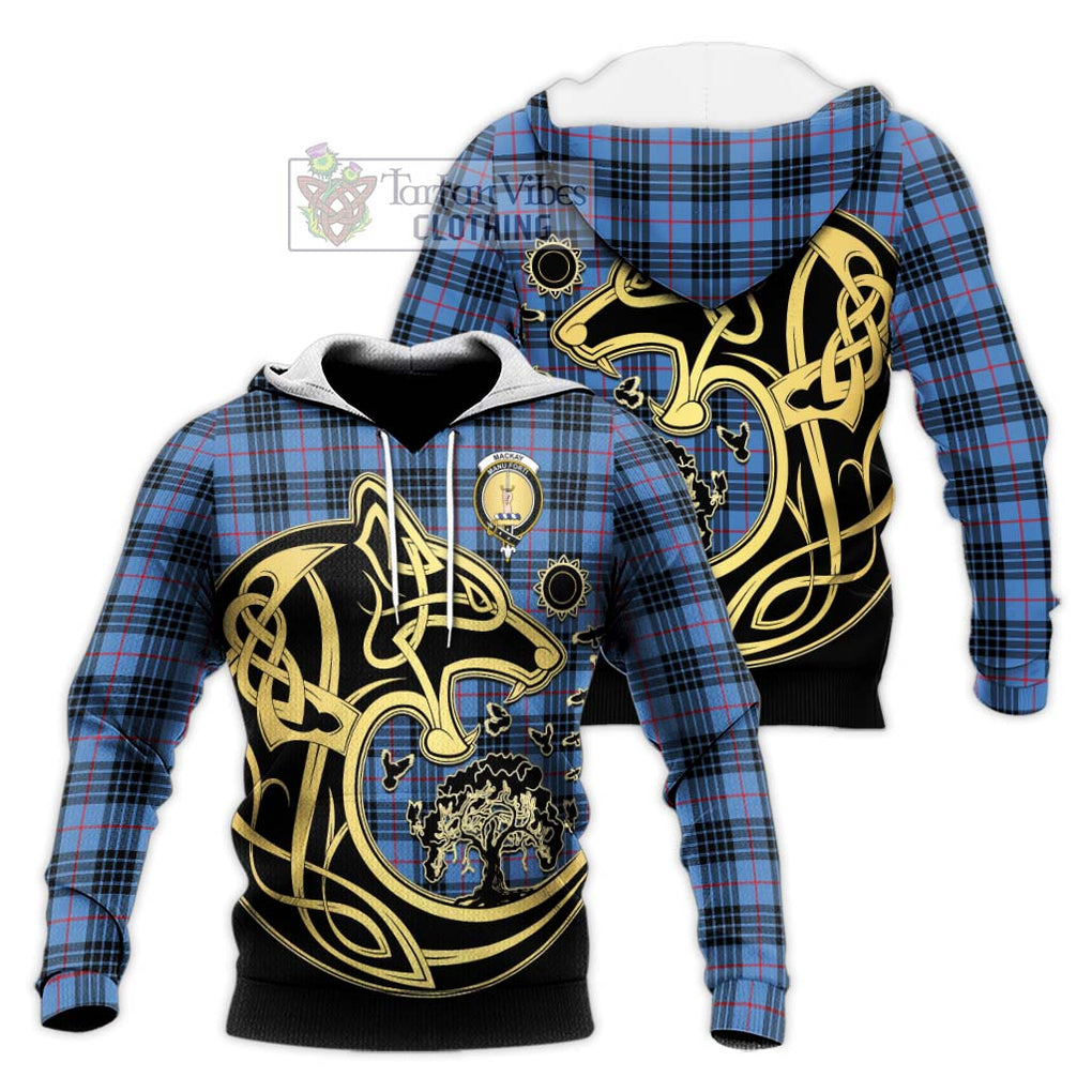 MacKay Blue Tartan Knitted Hoodie with Family Crest Celtic Wolf Style Unisex Knitted Pullover Hoodie - Tartan Vibes Clothing