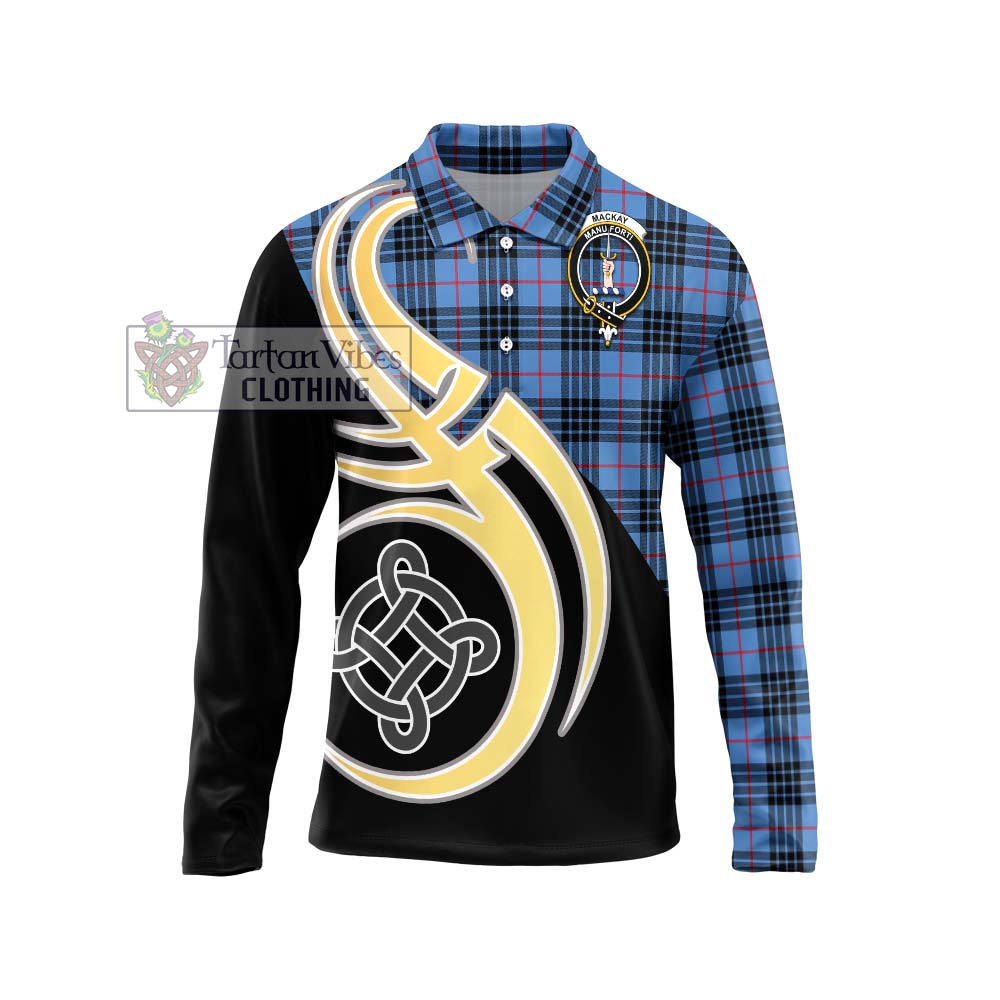 MacKay Blue Tartan Long Sleeve Polo Shirt with Family Crest and Celtic Symbol Style Unisex - Tartan Vibes Clothing