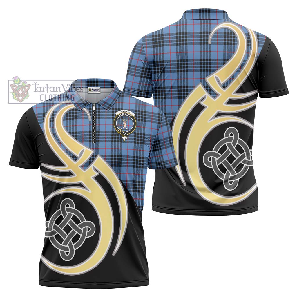 Tartan Vibes Clothing MacKay Blue Tartan Zipper Polo Shirt with Family Crest and Celtic Symbol Style