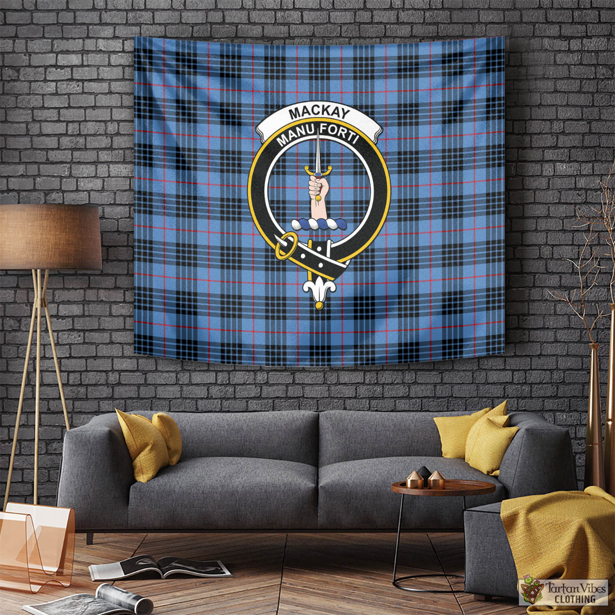 Tartan Vibes Clothing MacKay Blue Tartan Tapestry Wall Hanging and Home Decor for Room with Family Crest