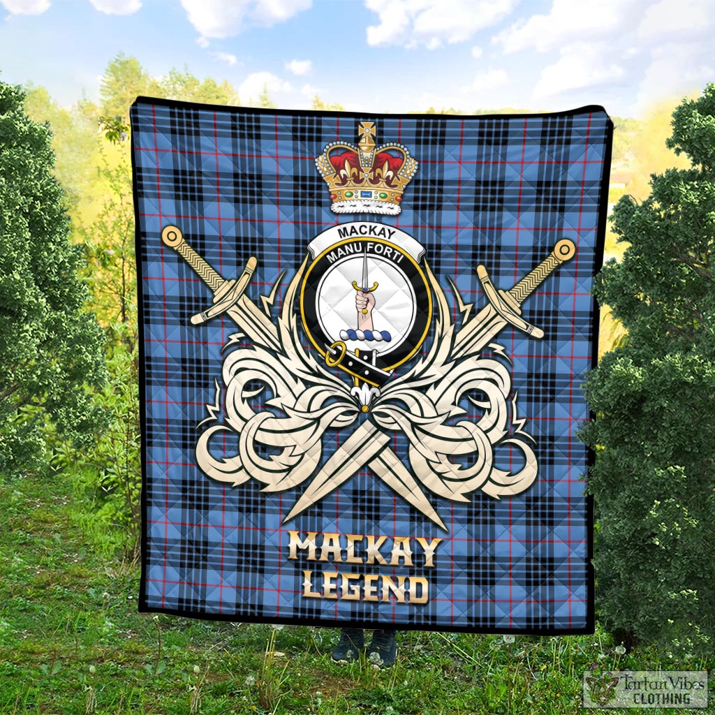 Tartan Vibes Clothing MacKay Blue Tartan Quilt with Clan Crest and the Golden Sword of Courageous Legacy