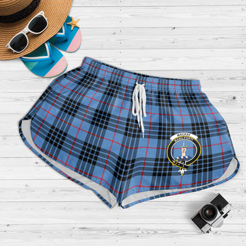 MacKay Blue Tartan Womens Shorts with Family Crest