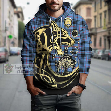 MacKay Blue Tartan Hoodie with Family Crest Celtic Wolf Style