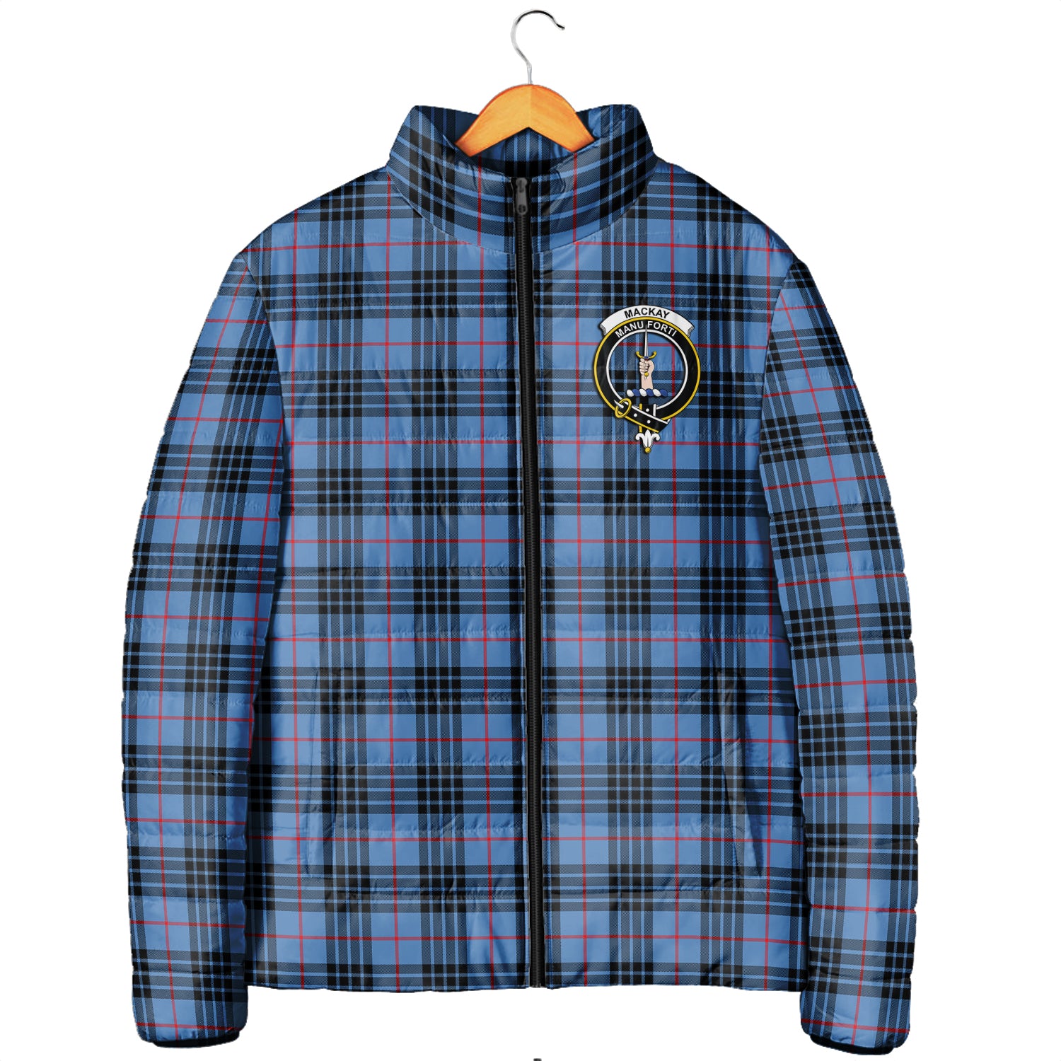 MacKay Blue Tartan Padded Jacket with Family Crest Men's Padded Jacket - Tartan Vibes Clothing