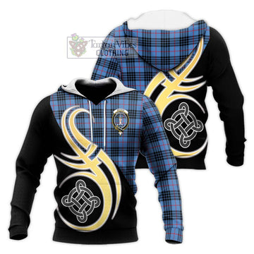 MacKay Blue Tartan Knitted Hoodie with Family Crest and Celtic Symbol Style