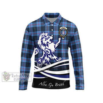 MacKay Blue Tartan Long Sleeve Polo Shirt with Alba Gu Brath Regal Lion Emblem