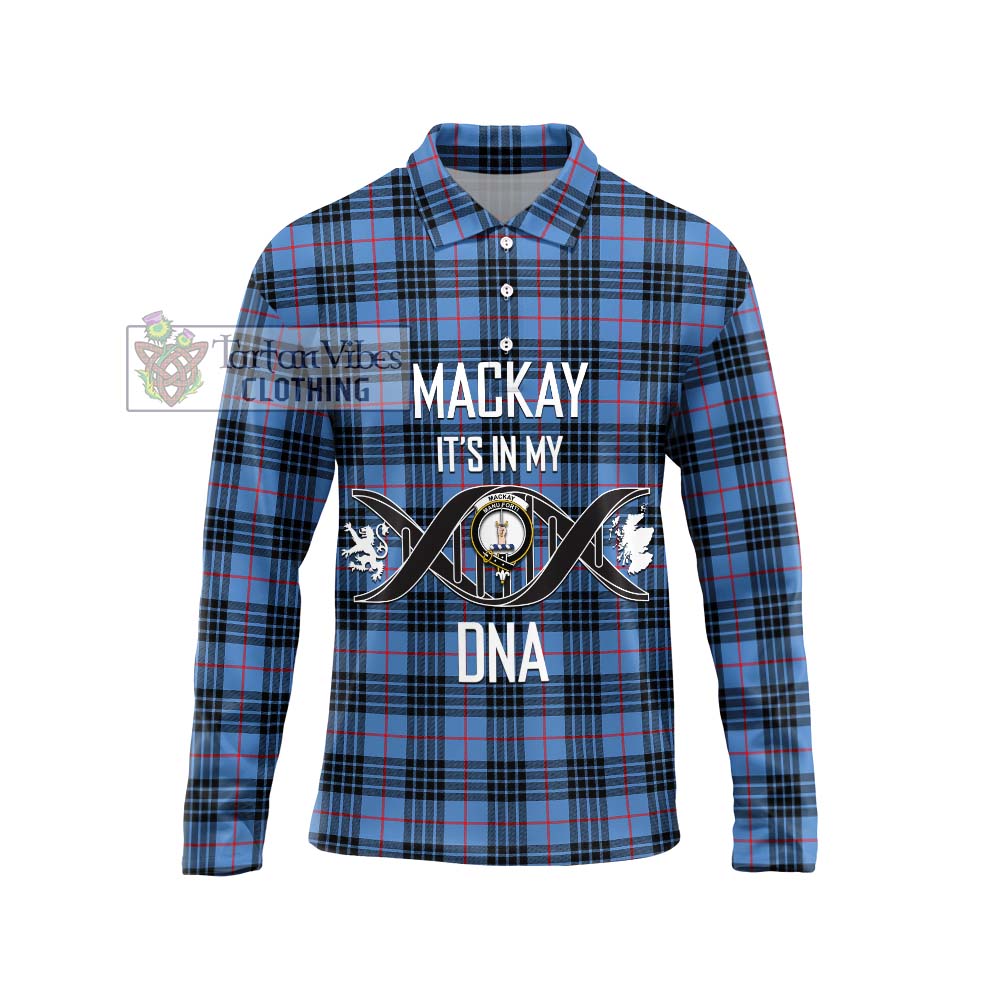 MacKay Blue Tartan Long Sleeve Polo Shirt with Family Crest DNA In Me Style Unisex - Tartanvibesclothing Shop