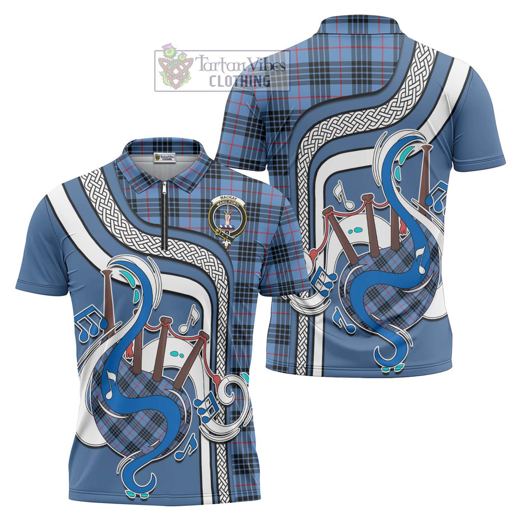 MacKay Blue Tartan Zipper Polo Shirt with Epic Bagpipe Style Unisex - Tartanvibesclothing Shop