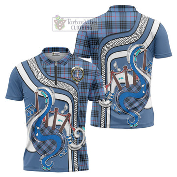 MacKay Blue Tartan Zipper Polo Shirt with Epic Bagpipe Style