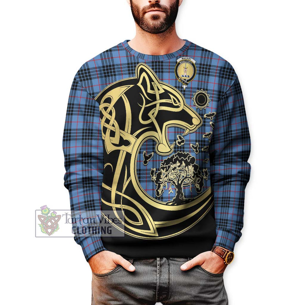 MacKay Blue Tartan Sweatshirt with Family Crest Celtic Wolf Style Unisex - Tartan Vibes Clothing