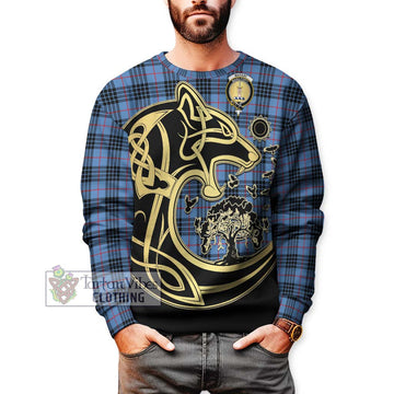 MacKay Blue Tartan Sweatshirt with Family Crest Celtic Wolf Style