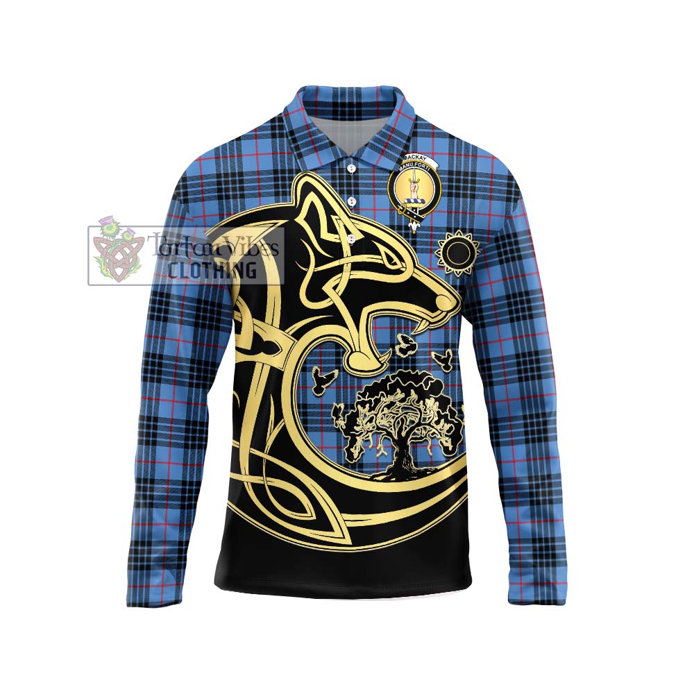 MacKay Blue Tartan Long Sleeve Polo Shirt with Family Crest Celtic Wolf Style Unisex - Tartanvibesclothing Shop