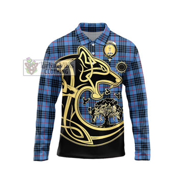 MacKay Blue Tartan Long Sleeve Polo Shirt with Family Crest Celtic Wolf Style