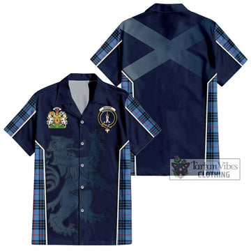 MacKay Blue Tartan Short Sleeve Button Shirt with Family Crest and Lion Rampant Vibes Sport Style