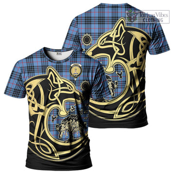 MacKay Blue Tartan T-Shirt with Family Crest Celtic Wolf Style