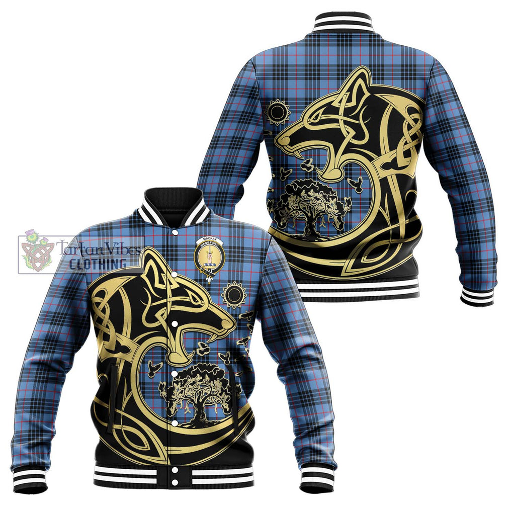 MacKay Blue Tartan Baseball Jacket with Family Crest Celtic Wolf Style Unisex - Tartan Vibes Clothing