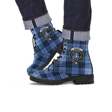 MacKay Blue Tartan Leather Boots with Family Crest