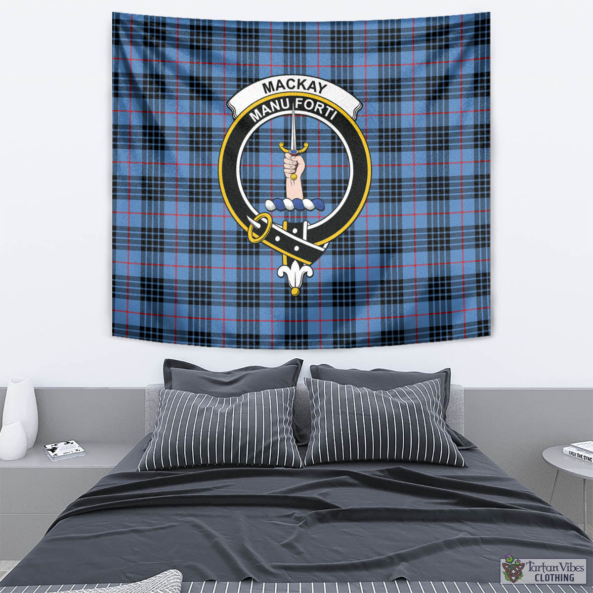 Tartan Vibes Clothing MacKay Blue Tartan Tapestry Wall Hanging and Home Decor for Room with Family Crest