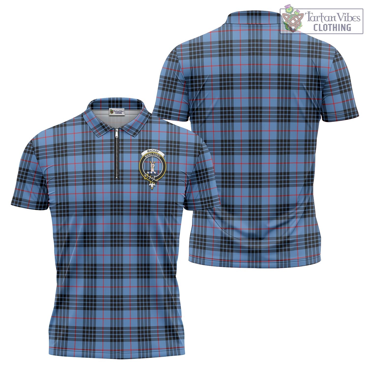 Tartan Vibes Clothing MacKay Blue Tartan Zipper Polo Shirt with Family Crest