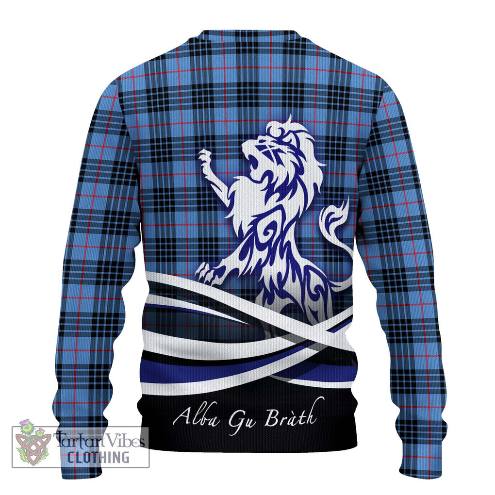 MacKay Blue Tartan Knitted Sweater with Alba Gu Brath Regal Lion Emblem - Tartanvibesclothing Shop