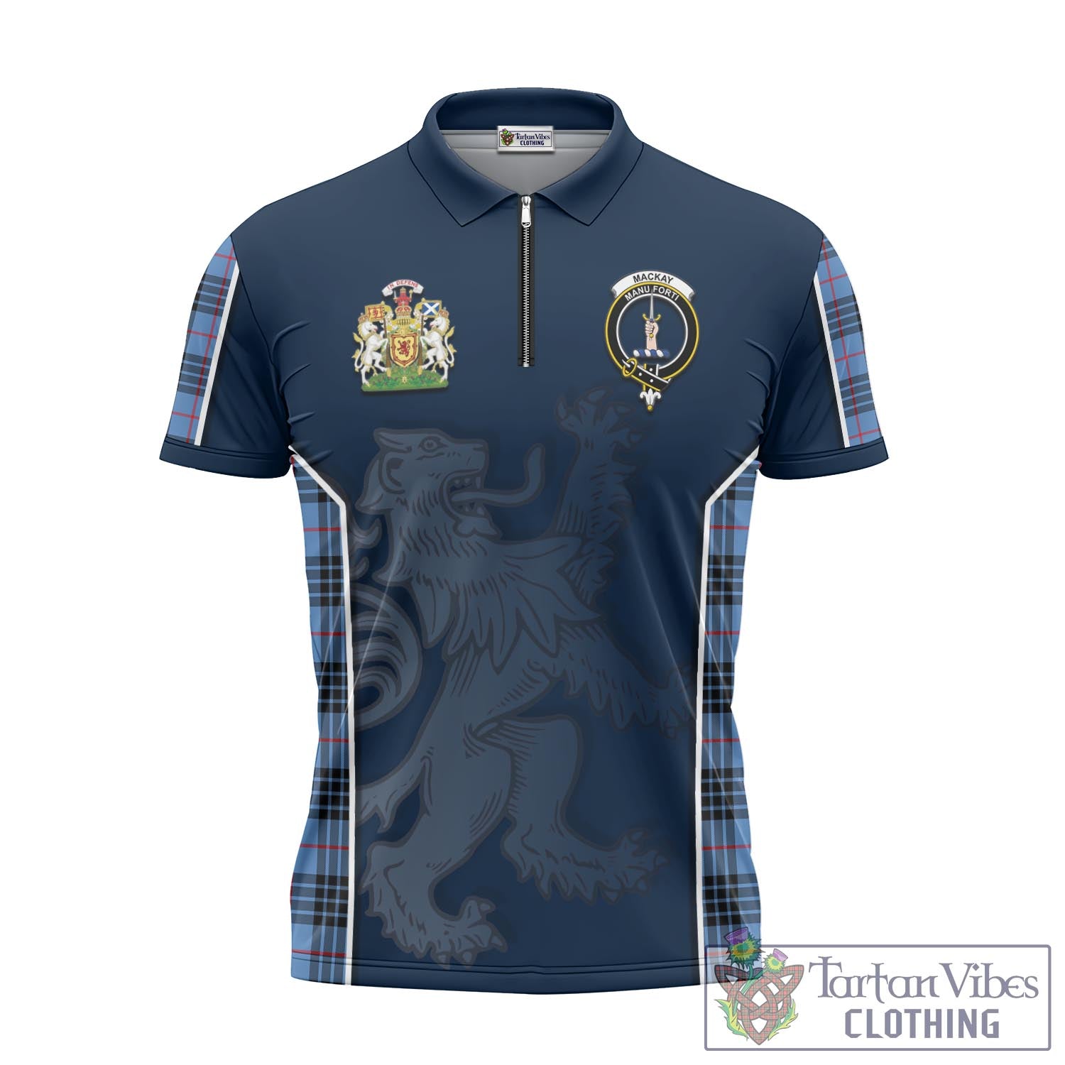 Tartan Vibes Clothing MacKay Blue Tartan Zipper Polo Shirt with Family Crest and Lion Rampant Vibes Sport Style