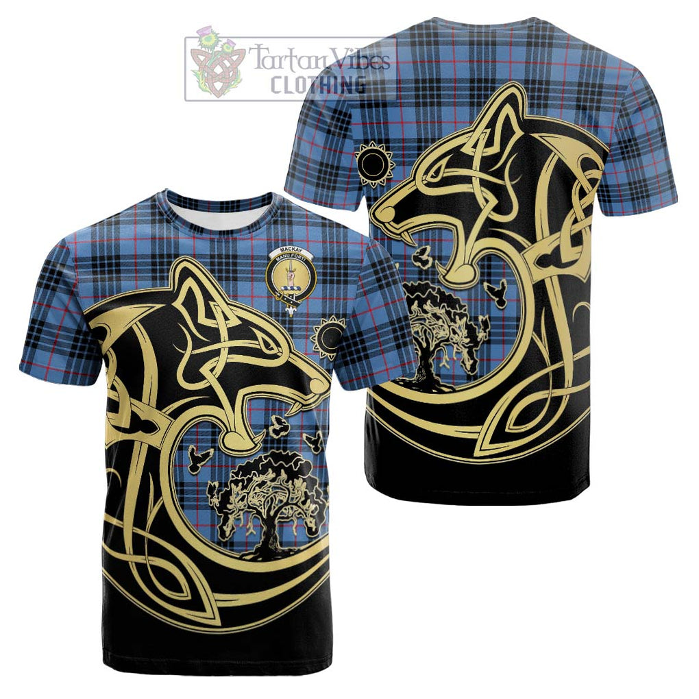 Tartan Vibes Clothing MacKay Blue Tartan Cotton T-shirt with Family Crest Celtic Wolf Style