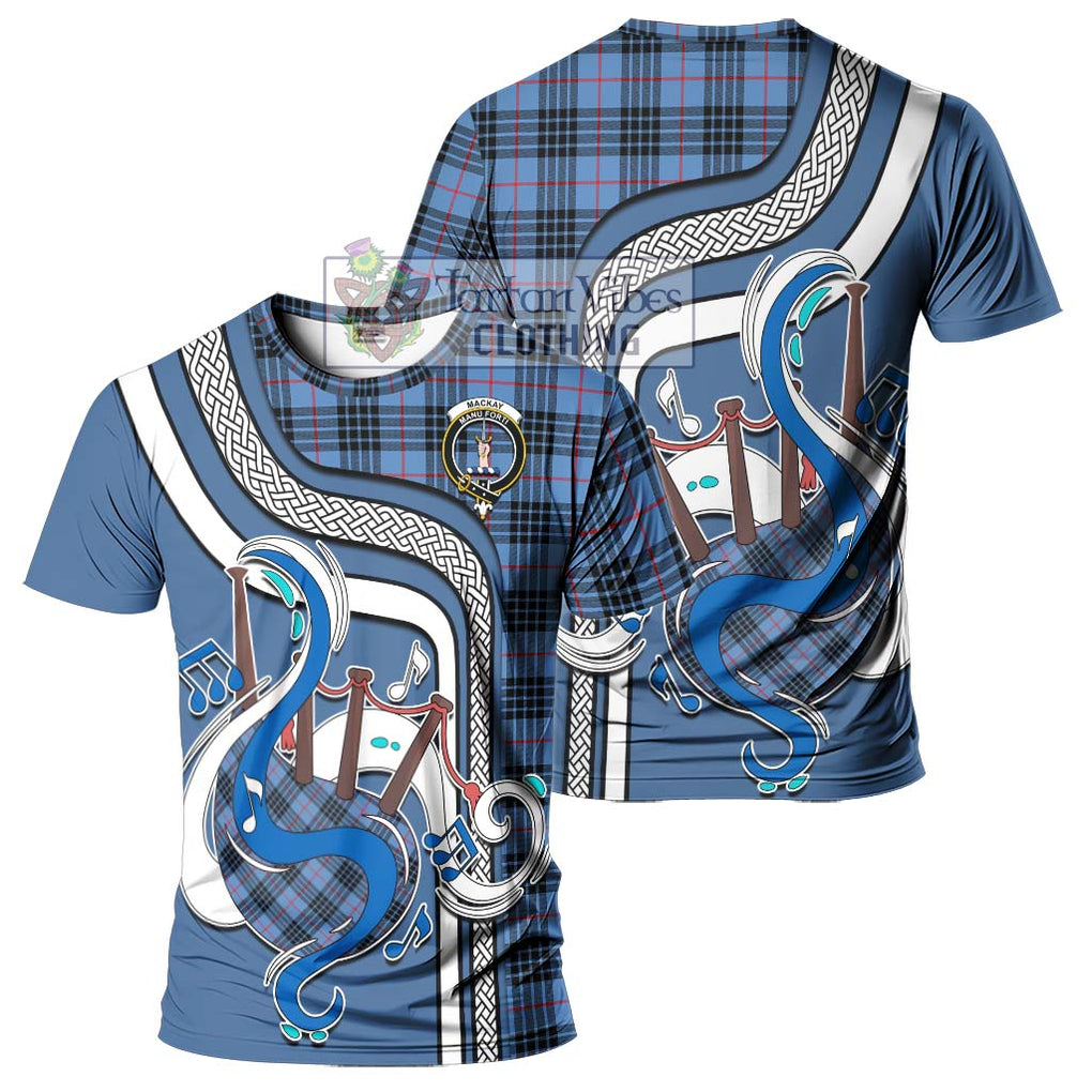 MacKay Blue Tartan T-Shirt with Epic Bagpipe Style - Tartanvibesclothing Shop