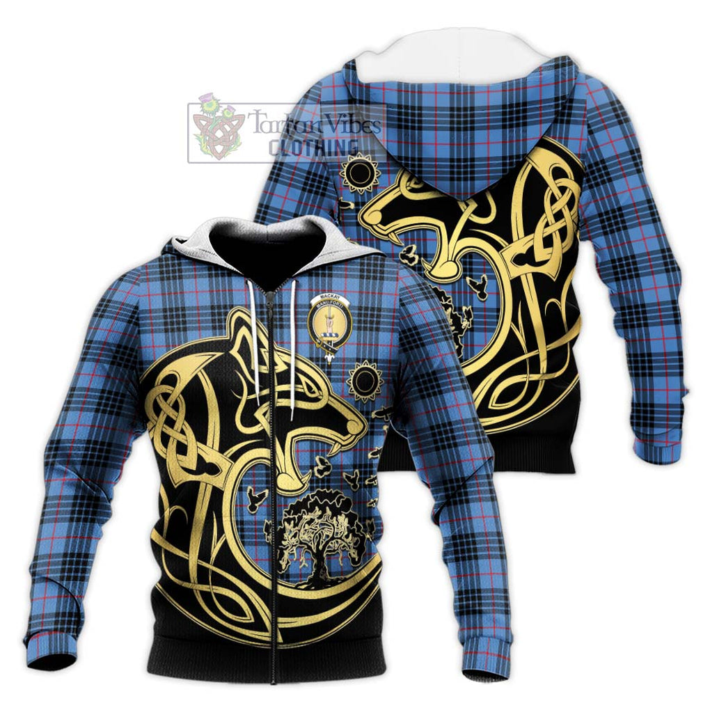 MacKay Blue Tartan Knitted Hoodie with Family Crest Celtic Wolf Style Unisex Knitted Zip Hoodie - Tartan Vibes Clothing