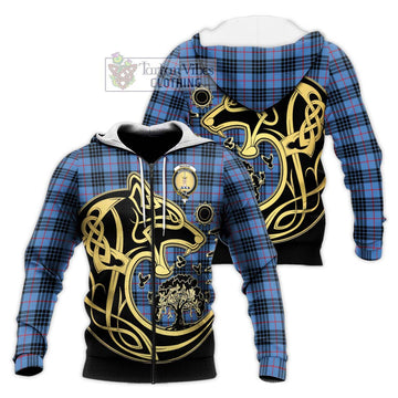 MacKay Blue Tartan Knitted Hoodie with Family Crest Celtic Wolf Style