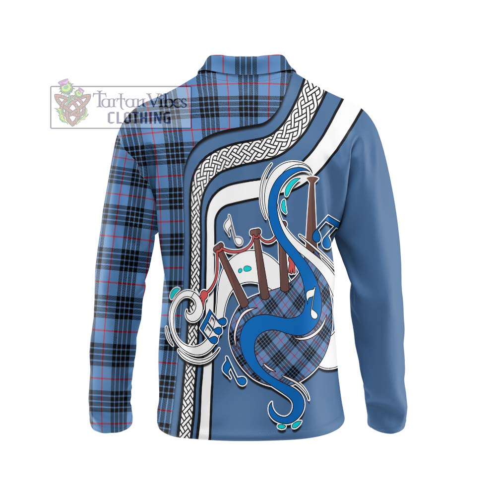 Tartan Vibes Clothing MacKay Blue Tartan Long Sleeve Polo Shirt with Epic Bagpipe Style