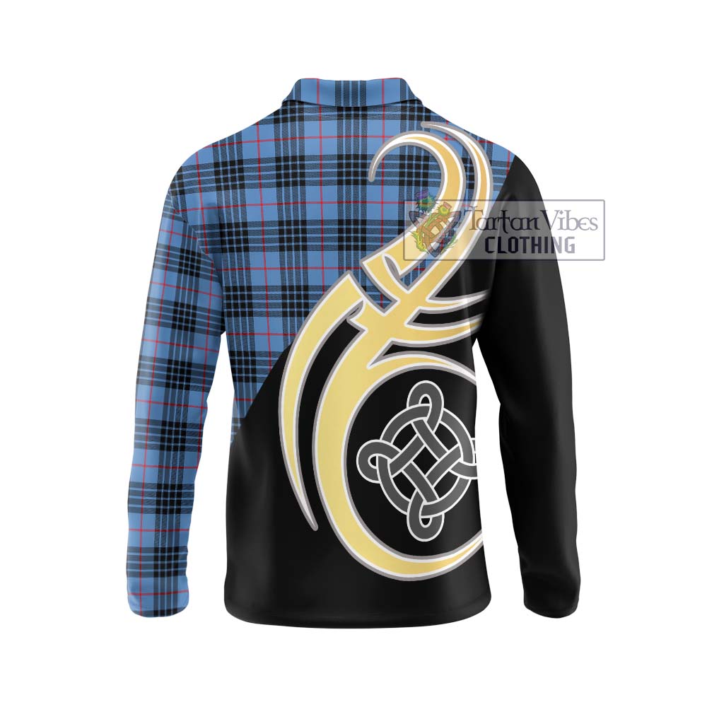 MacKay Blue Tartan Long Sleeve Polo Shirt with Family Crest and Celtic Symbol Style - Tartan Vibes Clothing