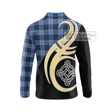 MacKay Blue Tartan Long Sleeve Polo Shirt with Family Crest and Celtic Symbol Style