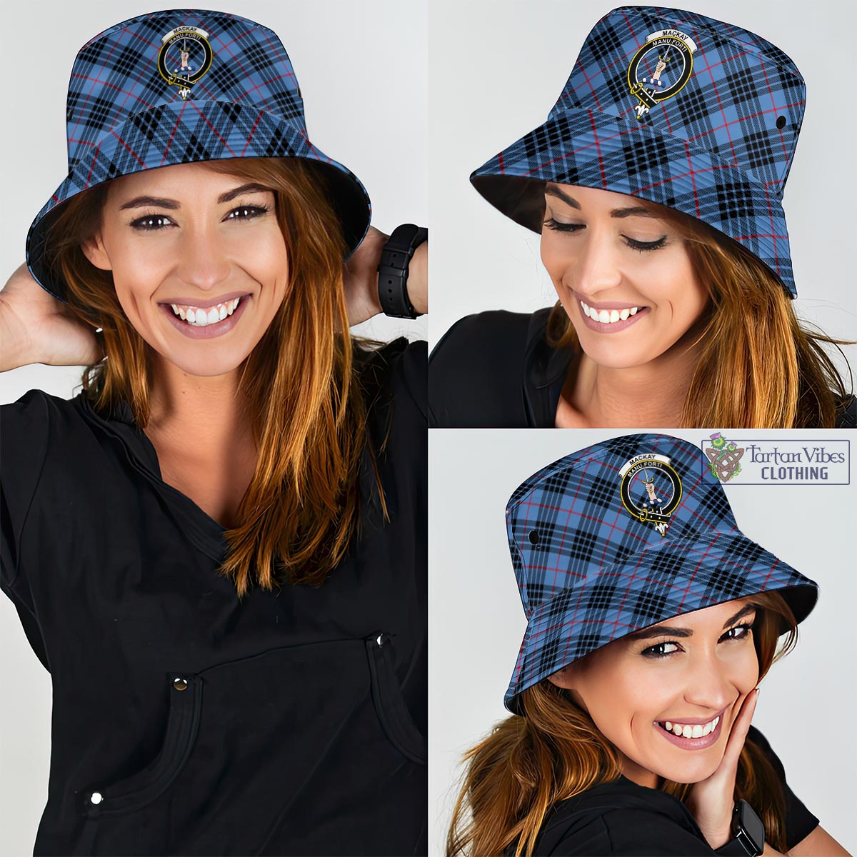 Tartan Vibes Clothing MacKay Blue Tartan Bucket Hat with Family Crest