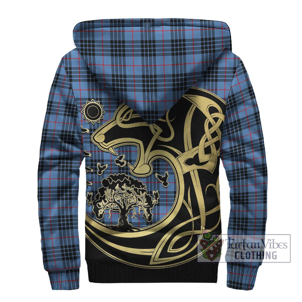 MacKay Blue Tartan Sherpa Hoodie with Family Crest Celtic Wolf Style - Tartan Vibes Clothing