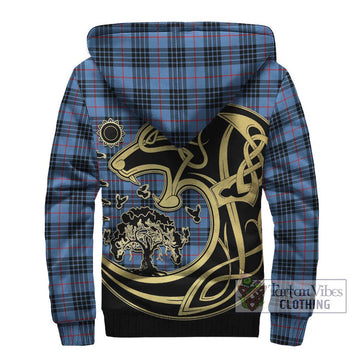 MacKay Blue Tartan Sherpa Hoodie with Family Crest Celtic Wolf Style